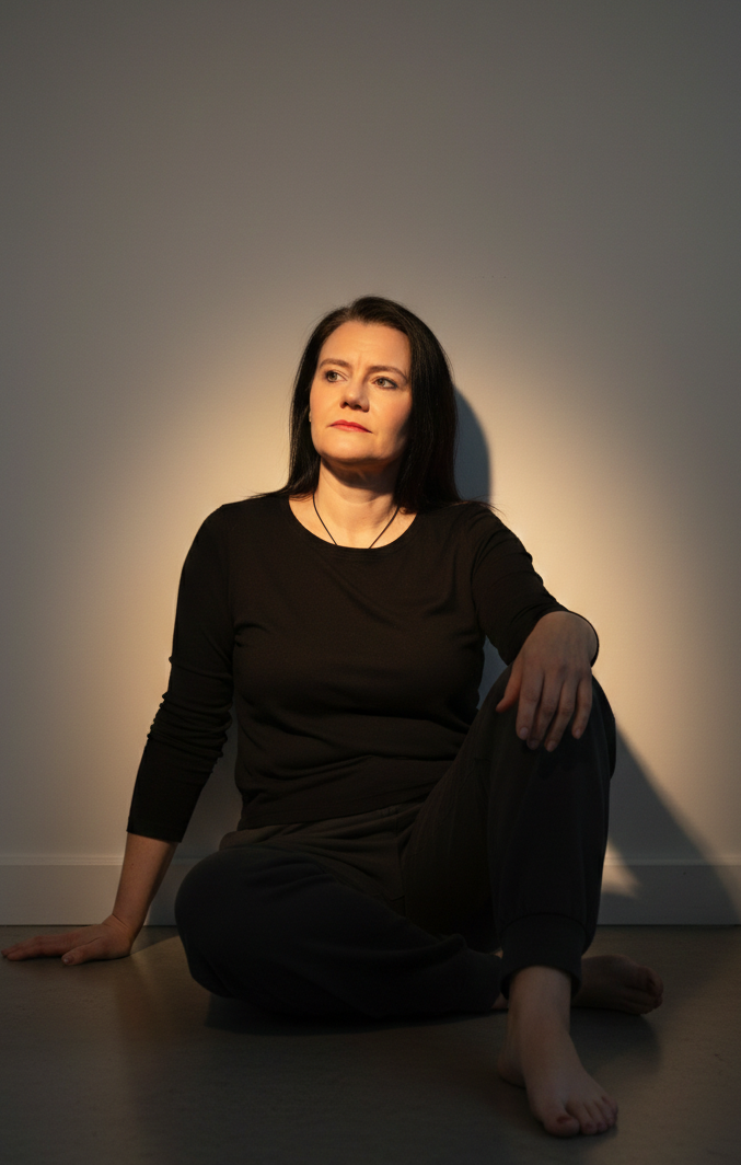 Ruhe finden in den Wechseljahren Frau sitzt draußen im Grünen, stützt das Kinn auf die verschränkten Arme und schaut nachdenklich in die Ferne.